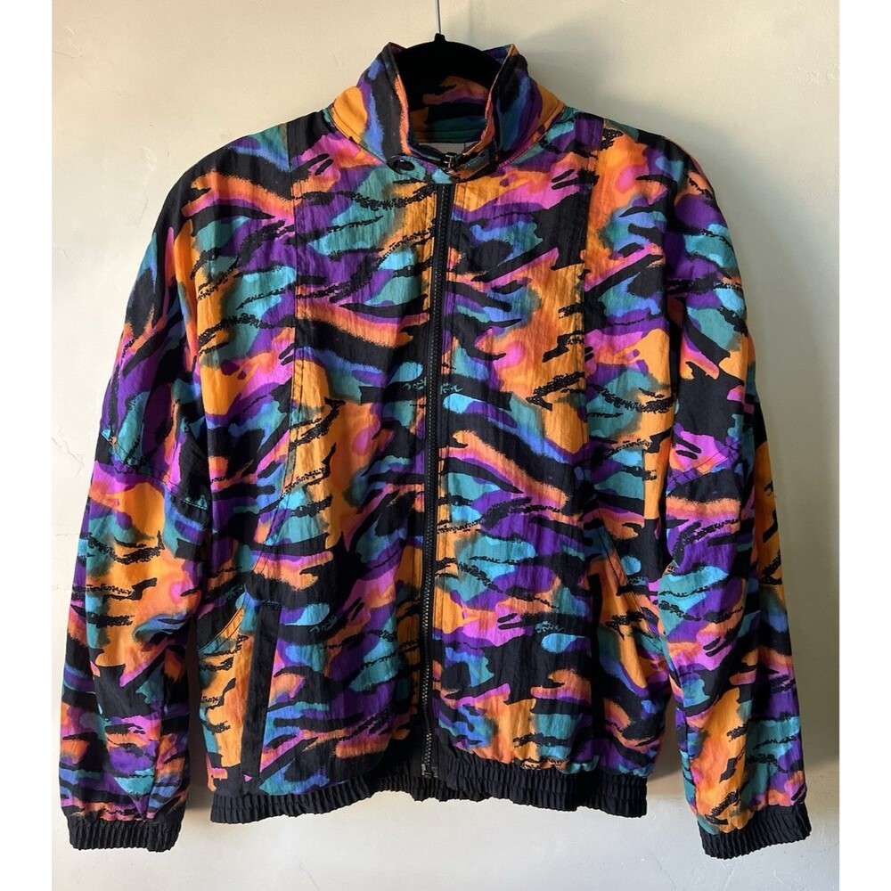 Aviat Sportif Multicolor Abstract Full Zip Pockets Windbreaker Bomber Jacket S